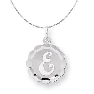 Silver, Sarah Collection 15mm Brocaded Disc Initial E Necklace - 18 In